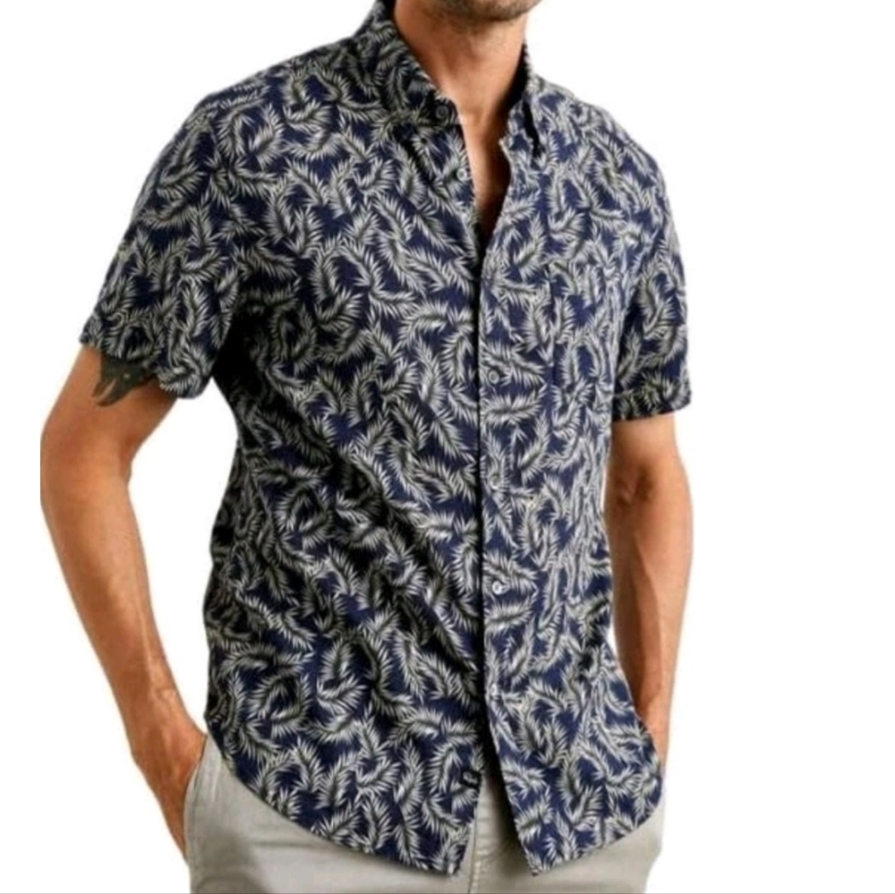 Rails Carson Linen Blend Short Sleeve Button Front Shirt L Navy Palm Americano